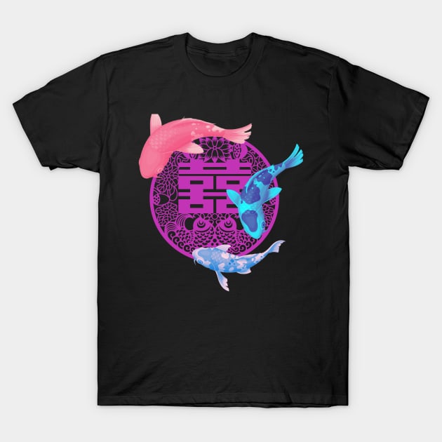 Double Happiness Koi Fish Blush Pink with Purple Symbol - Hong Kong Retro T-Shirt by CRAFTY BITCH